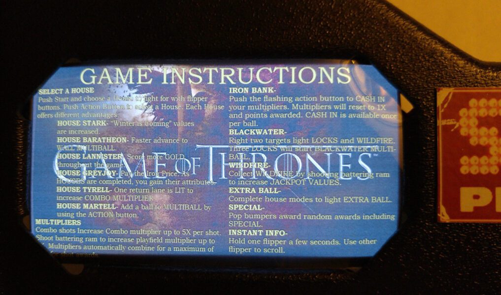 Game of Thrones Pinball EL Panel
